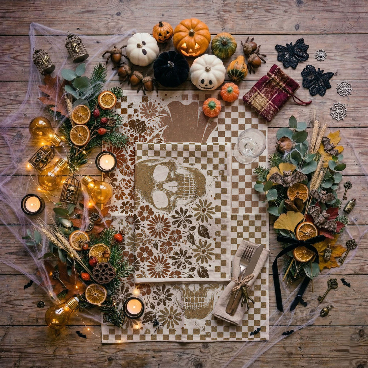 Retro Checkered Ghost & Skull Halloween Flour Sack Kitchen Towel