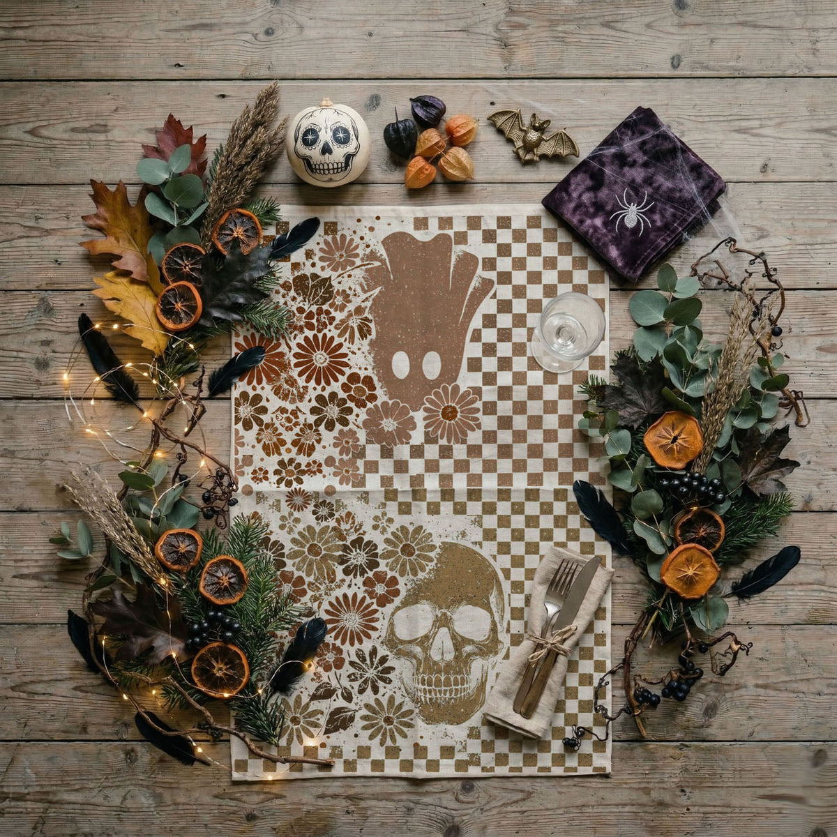 Retro Checkered Ghost & Skull Halloween Flour Sack Kitchen Towel
