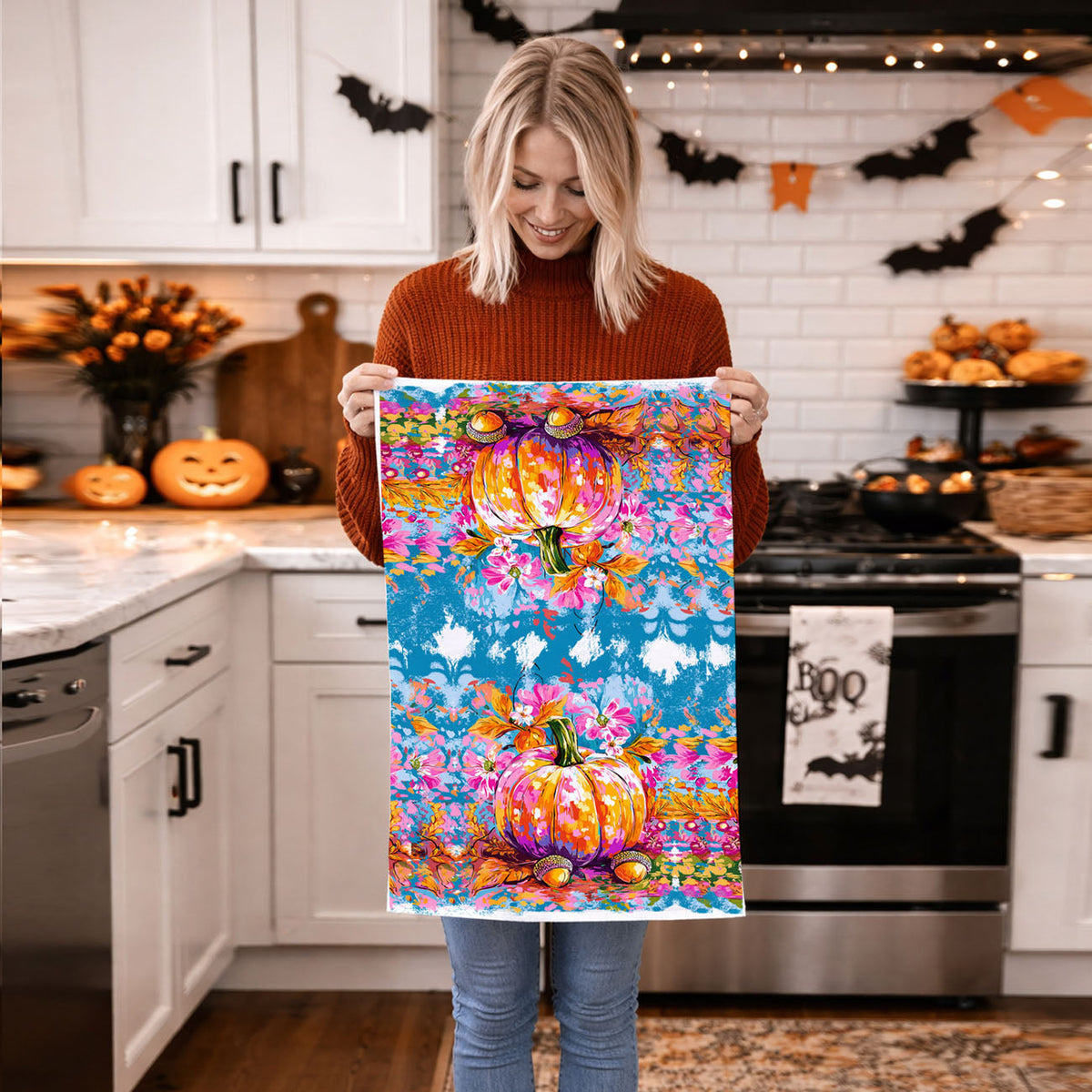 Colorful Watercolor Pumpkin Flour Sack Kitchen Towel