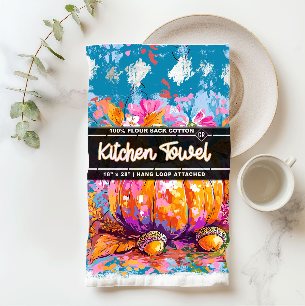 Colorful Watercolor Pumpkin Flour Sack Kitchen Towel