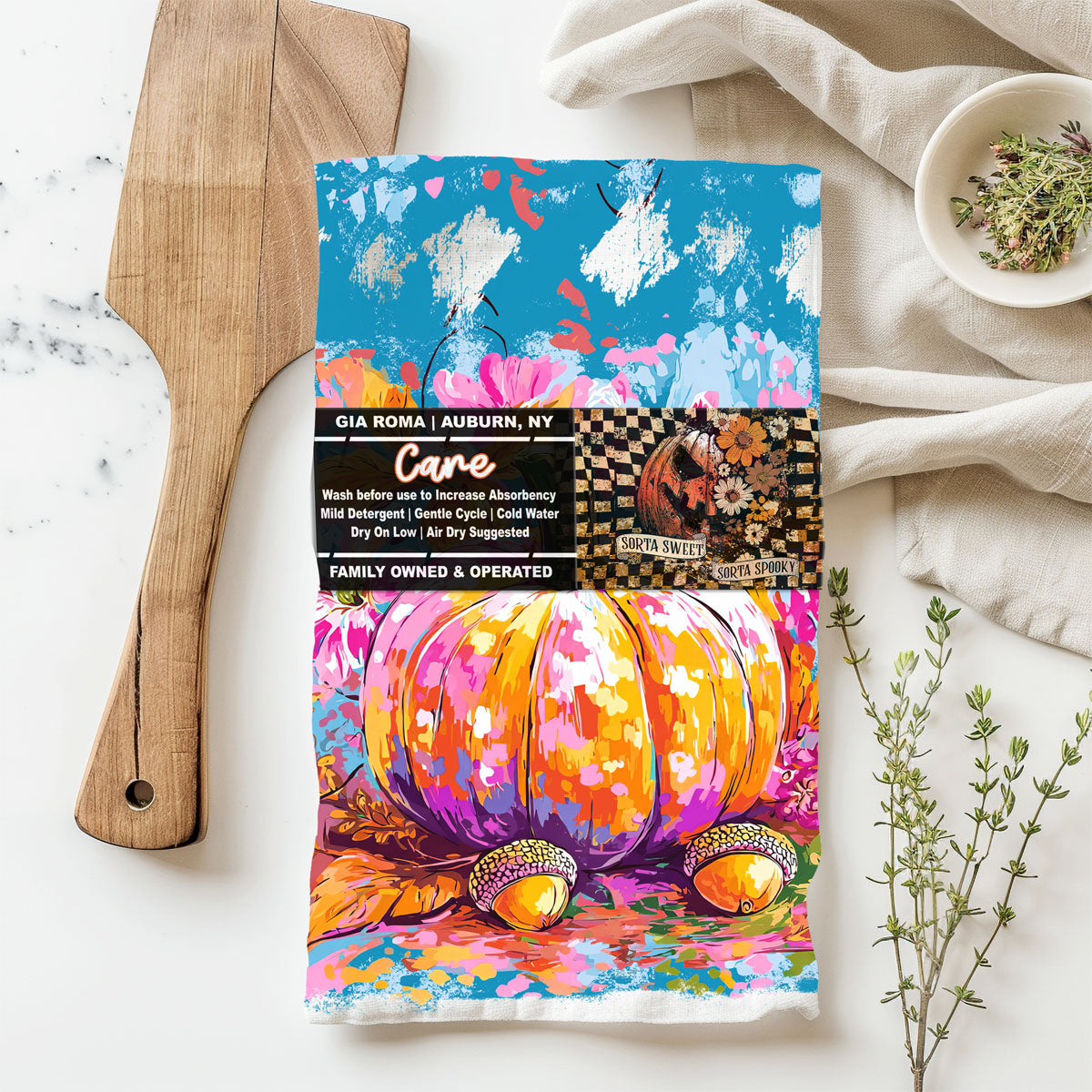 Colorful Watercolor Pumpkin Flour Sack Kitchen Towel