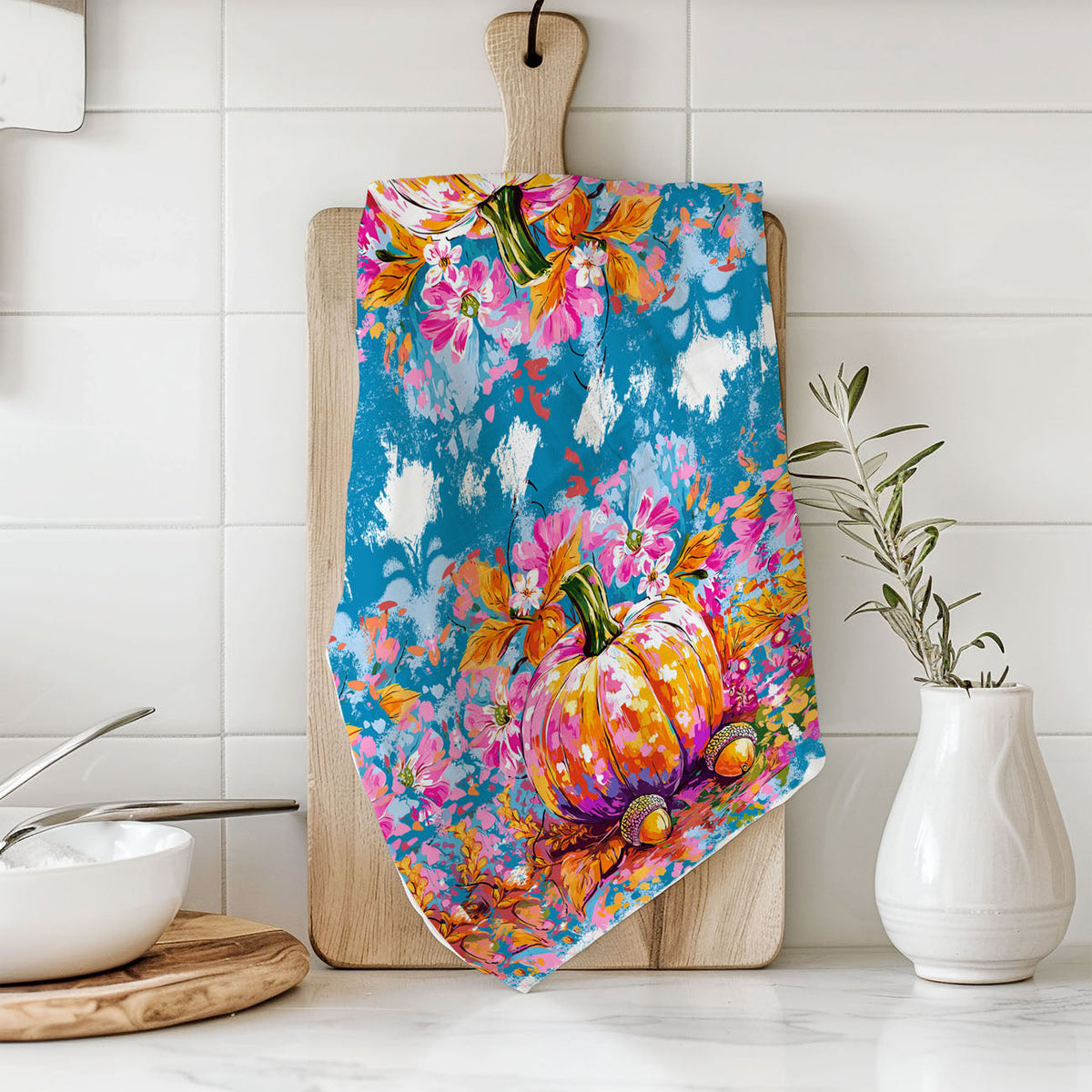 Colorful Watercolor Pumpkin Flour Sack Kitchen Towel