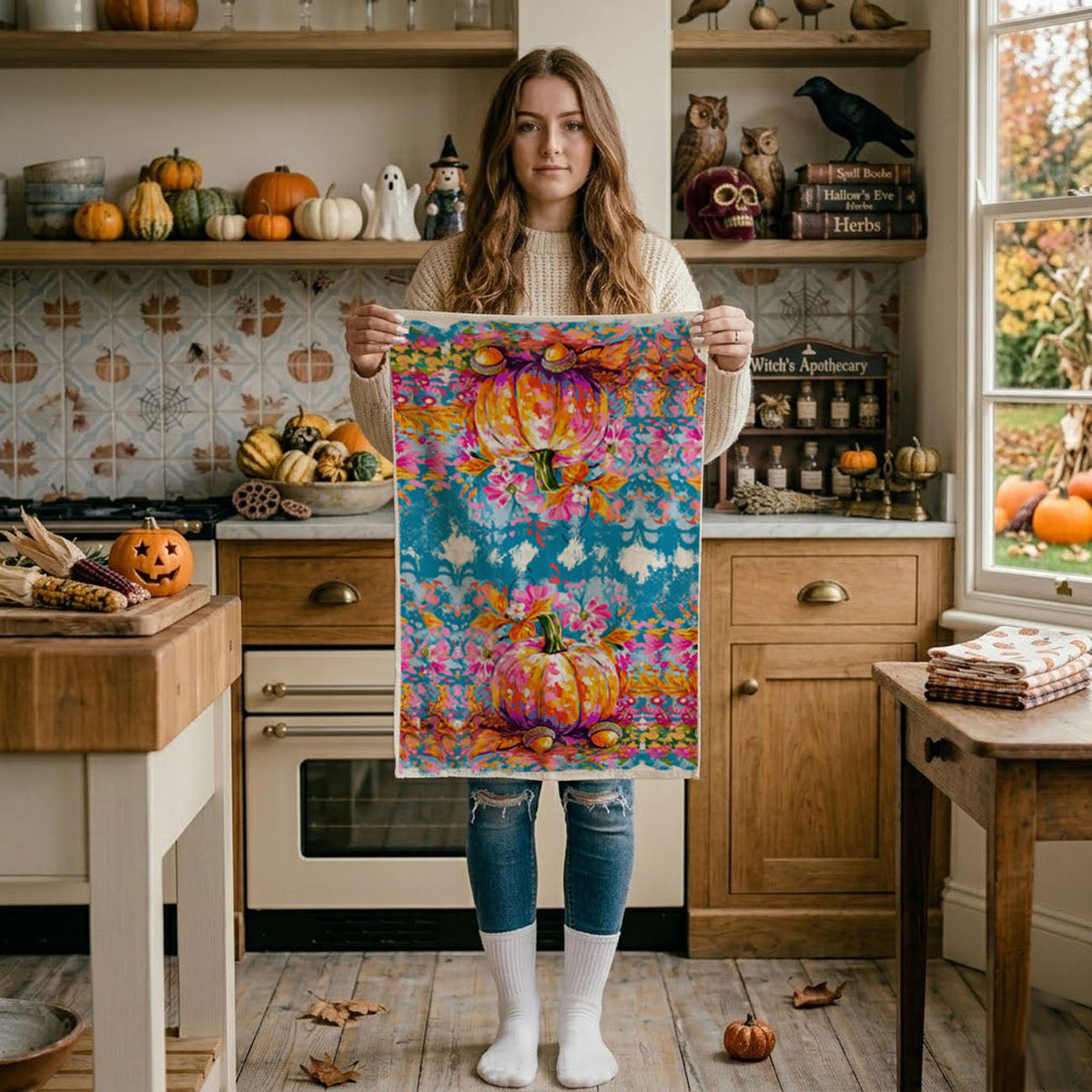 Colorful Watercolor Pumpkin Flour Sack Kitchen Towel