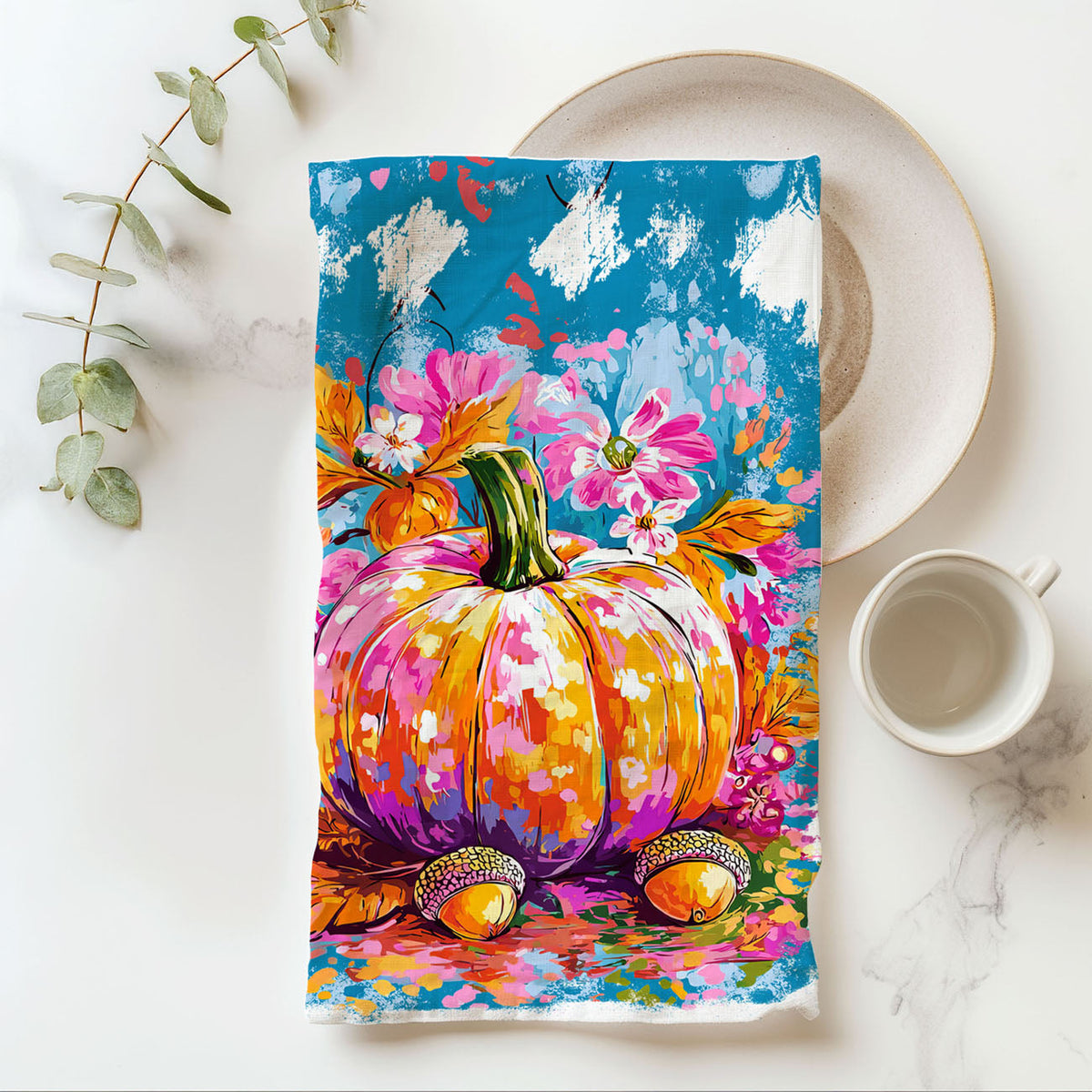 Colorful Watercolor Pumpkin Flour Sack Kitchen Towel