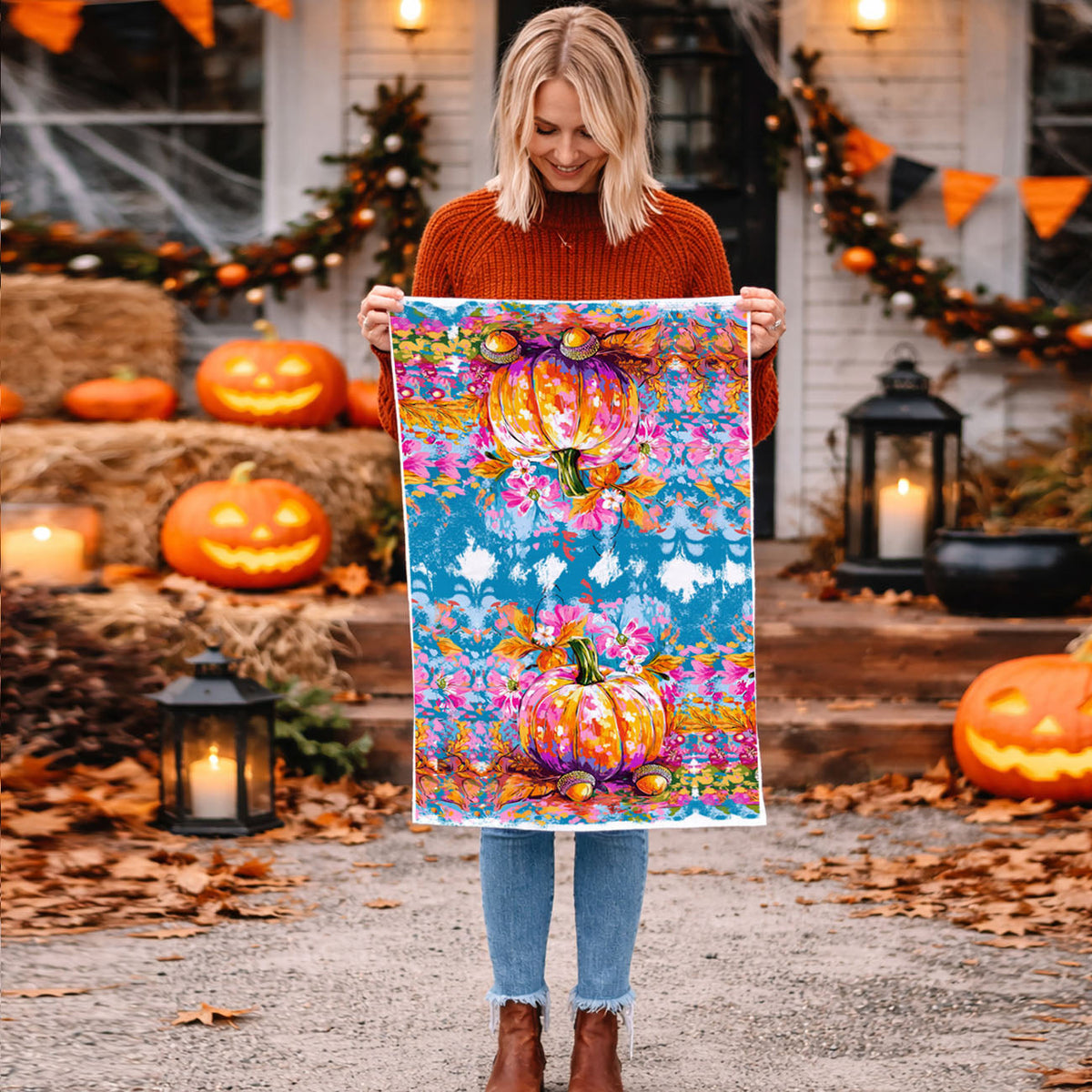 Colorful Watercolor Pumpkin Flour Sack Kitchen Towel