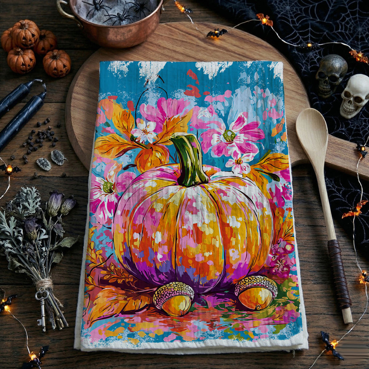 Colorful Watercolor Pumpkin Flour Sack Kitchen Towel