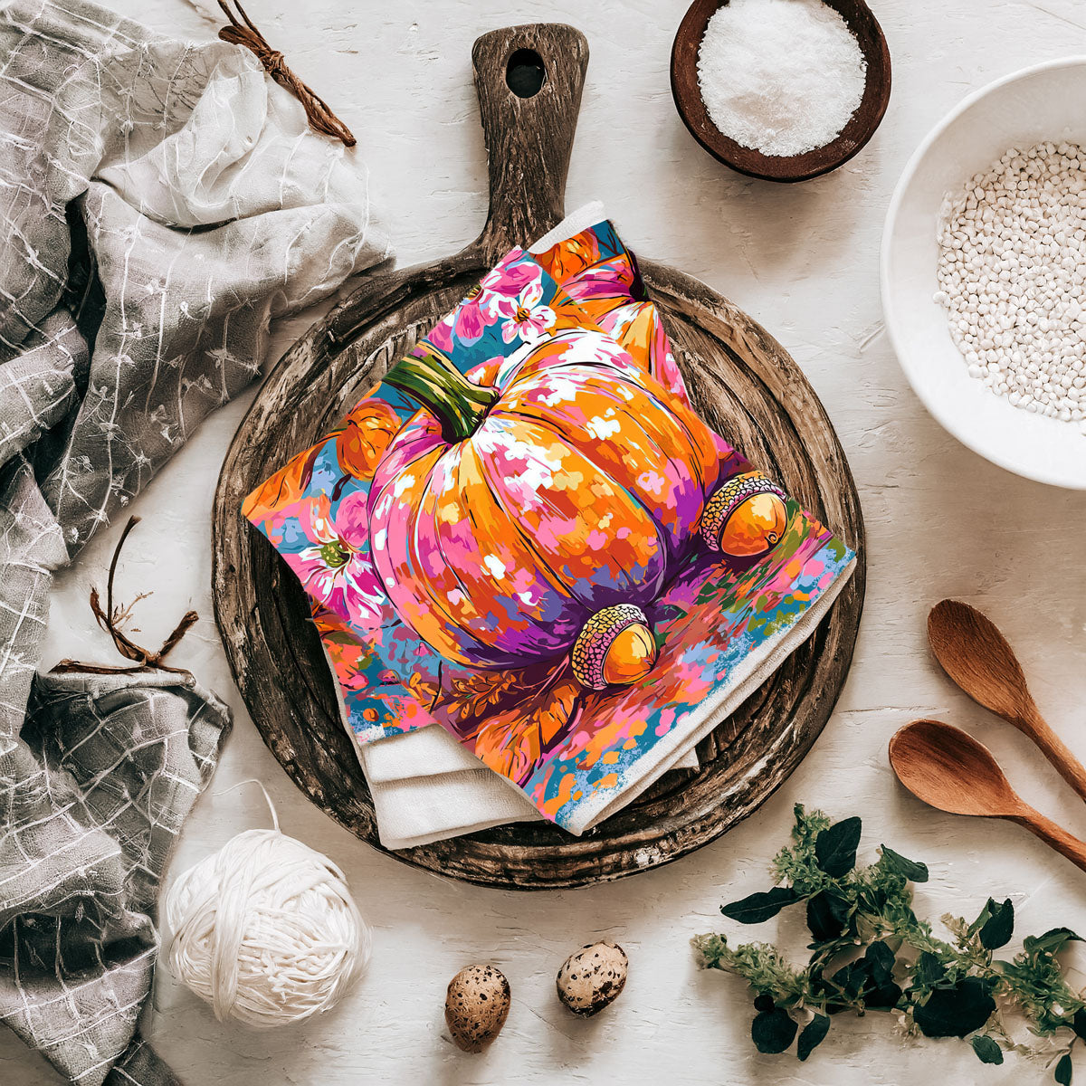 Colorful Watercolor Pumpkin Flour Sack Kitchen Towel