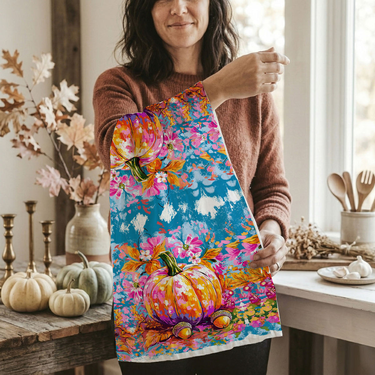Colorful Watercolor Pumpkin Flour Sack Kitchen Towel