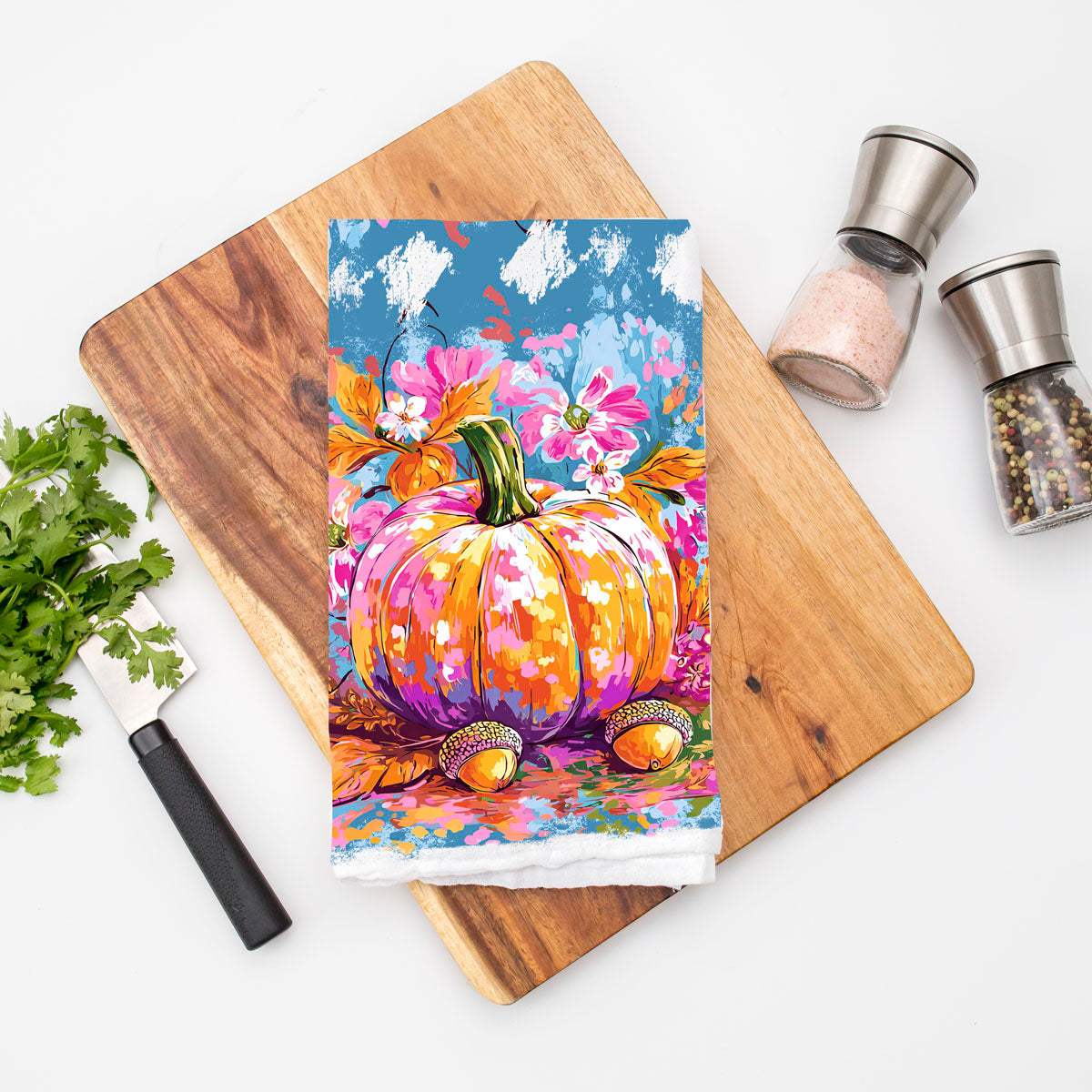 Colorful Watercolor Pumpkin Flour Sack Kitchen Towel