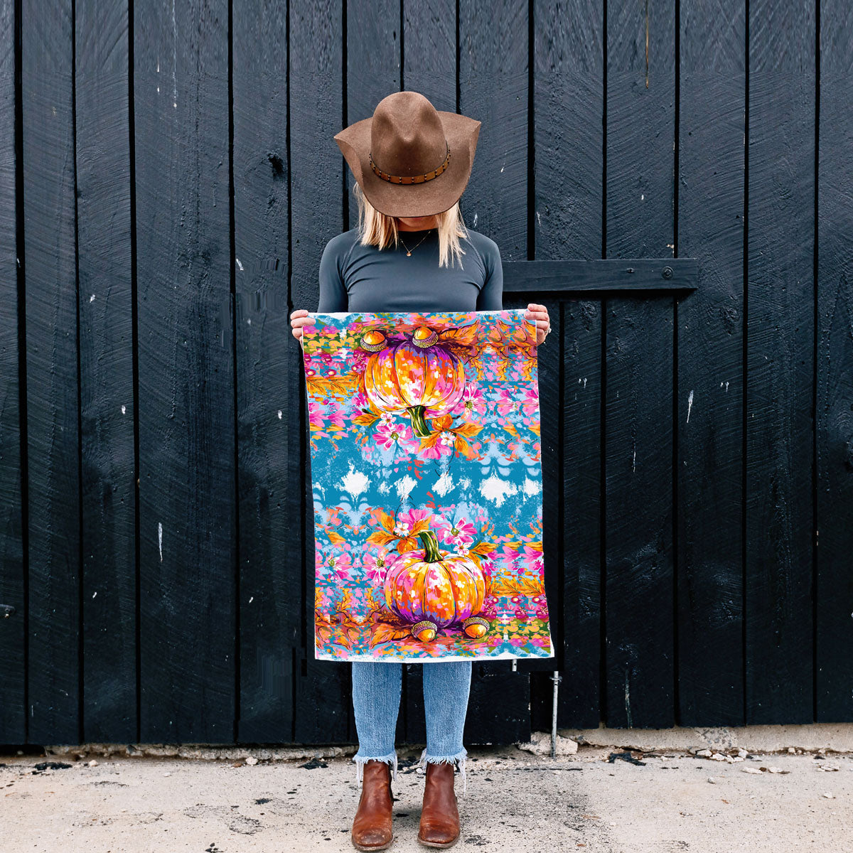 Colorful Watercolor Pumpkin Flour Sack Kitchen Towel