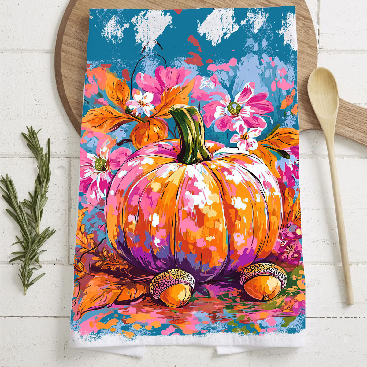 Colorful Watercolor Pumpkin Flour Sack Kitchen Towel
