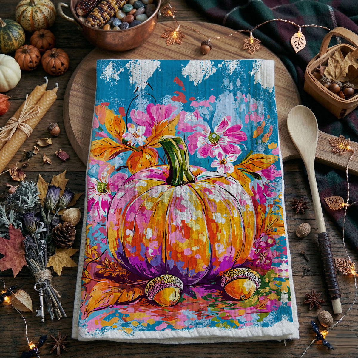 Colorful Watercolor Pumpkin Flour Sack Kitchen Towel