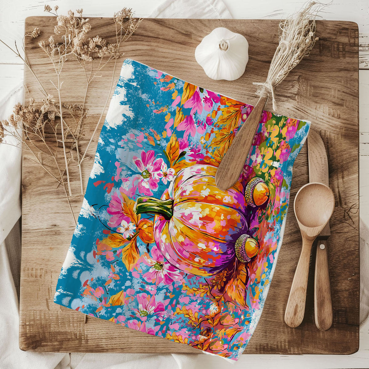 Colorful Watercolor Pumpkin Flour Sack Kitchen Towel