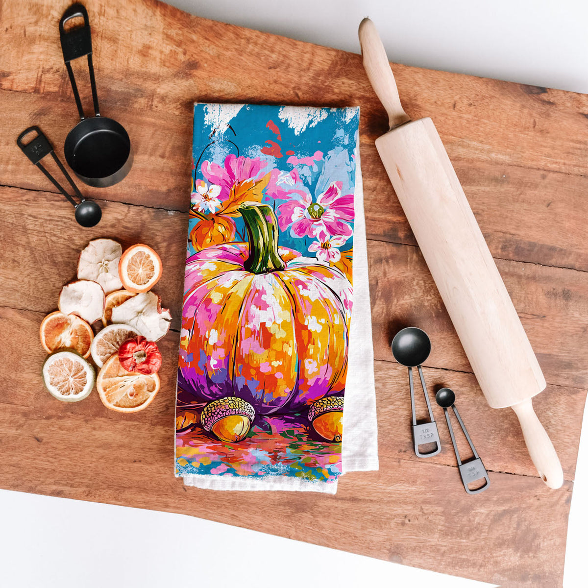 Colorful Watercolor Pumpkin Flour Sack Kitchen Towel