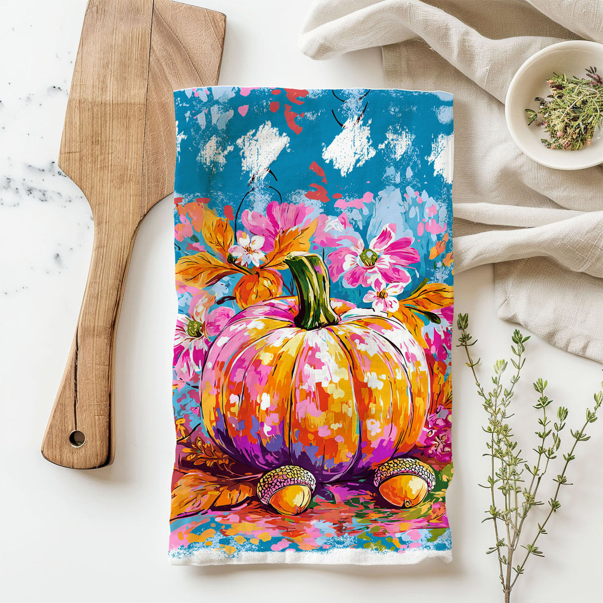 Colorful Watercolor Pumpkin Flour Sack Kitchen Towel