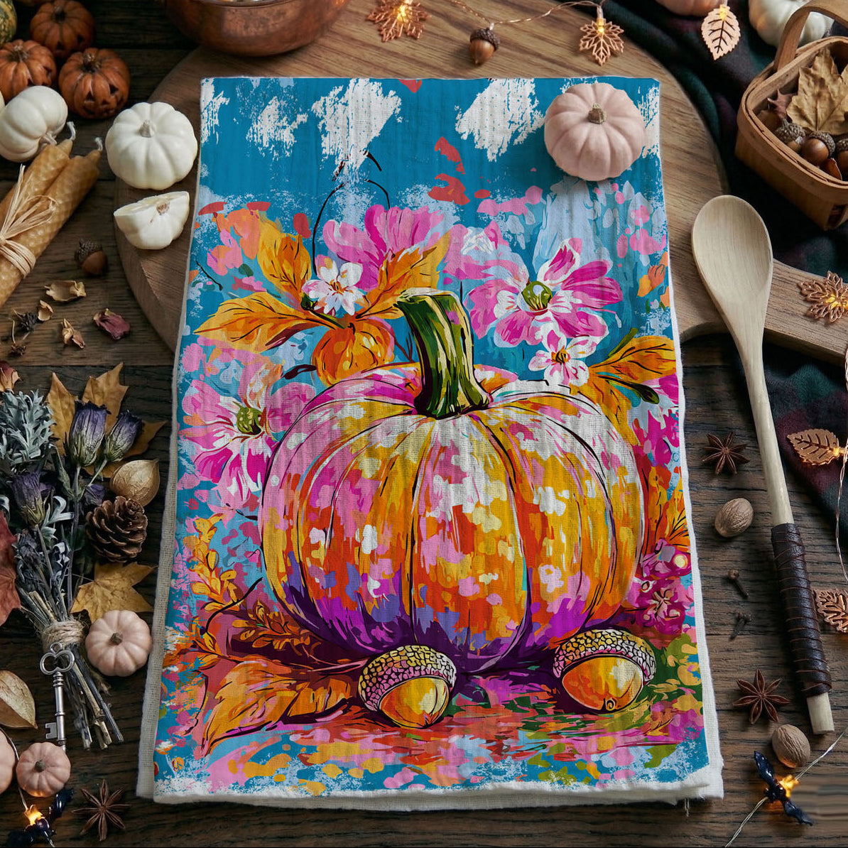 Colorful Watercolor Pumpkin Flour Sack Kitchen Towel