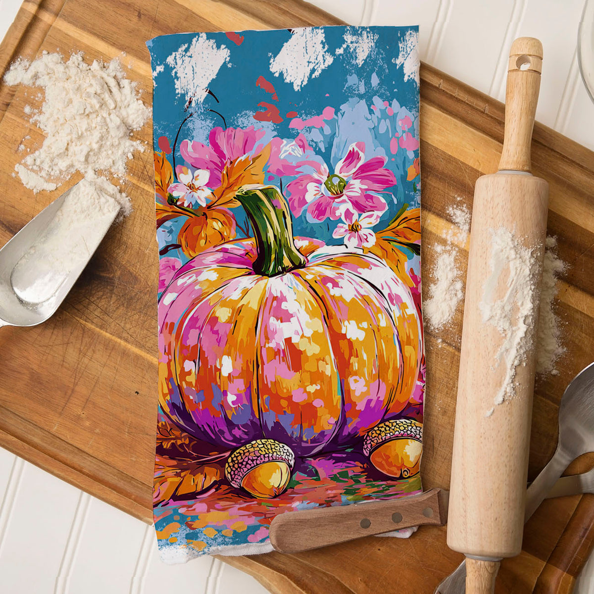 Colorful Watercolor Pumpkin Flour Sack Kitchen Towel