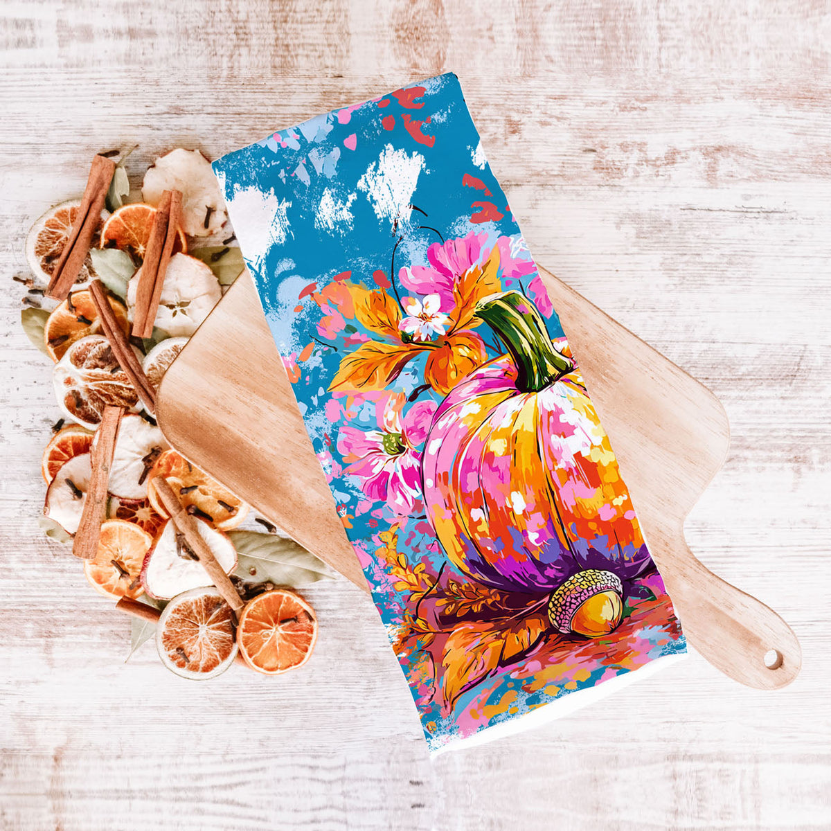Colorful Watercolor Pumpkin Flour Sack Kitchen Towel