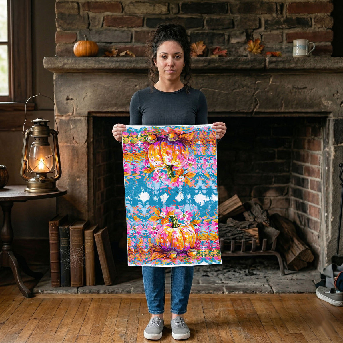 Colorful Watercolor Pumpkin Flour Sack Kitchen Towel