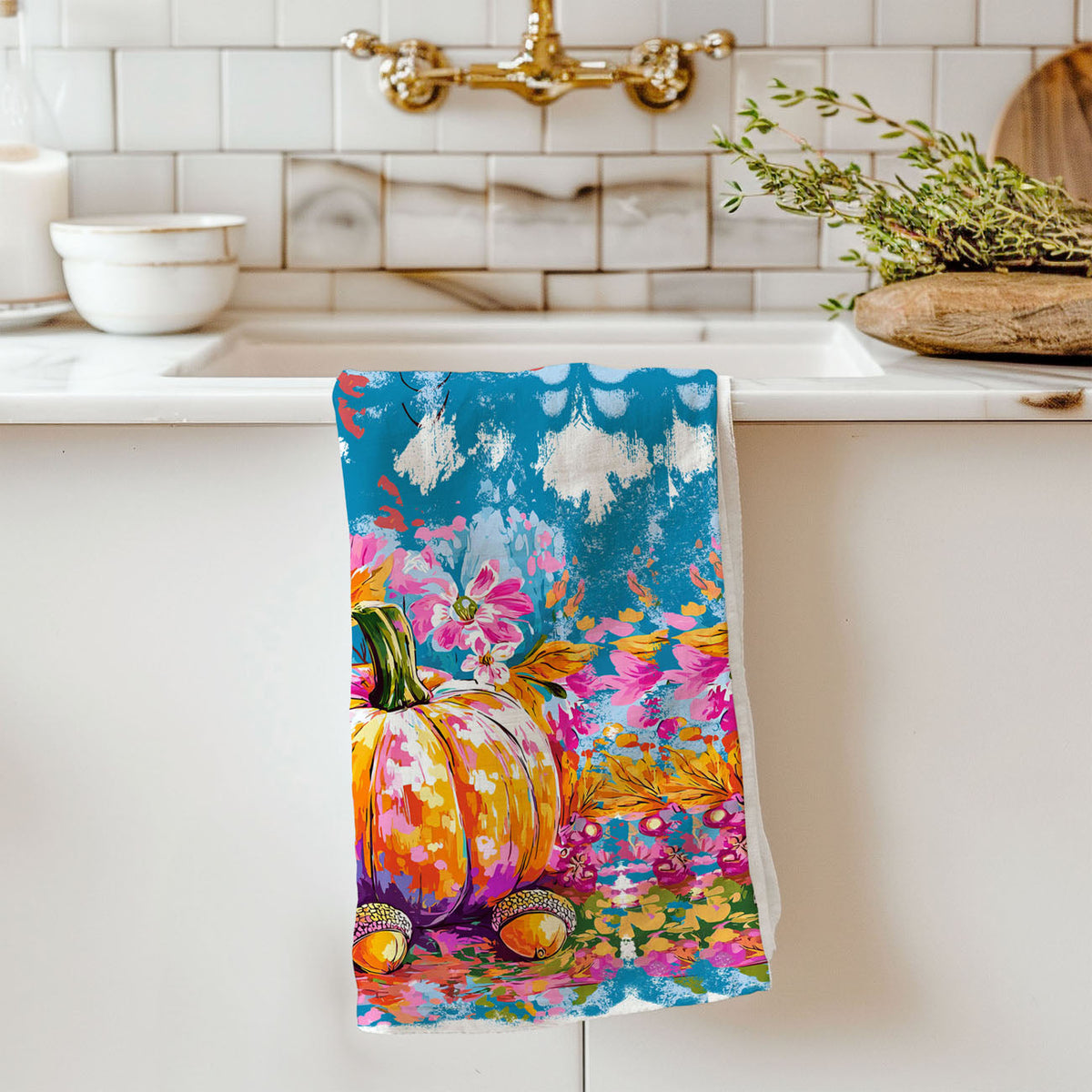 Colorful Watercolor Pumpkin Flour Sack Kitchen Towel