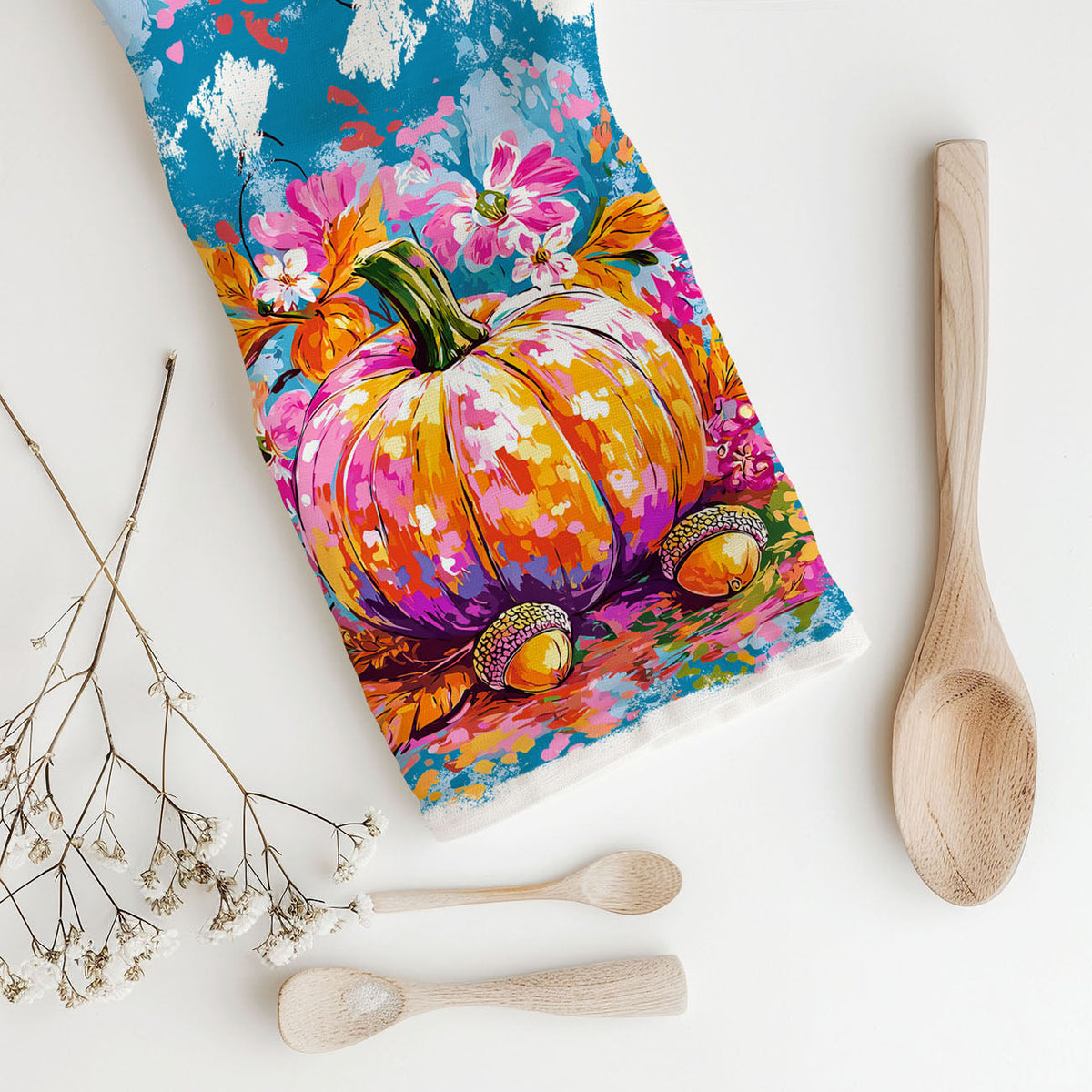 Colorful Watercolor Pumpkin Flour Sack Kitchen Towel