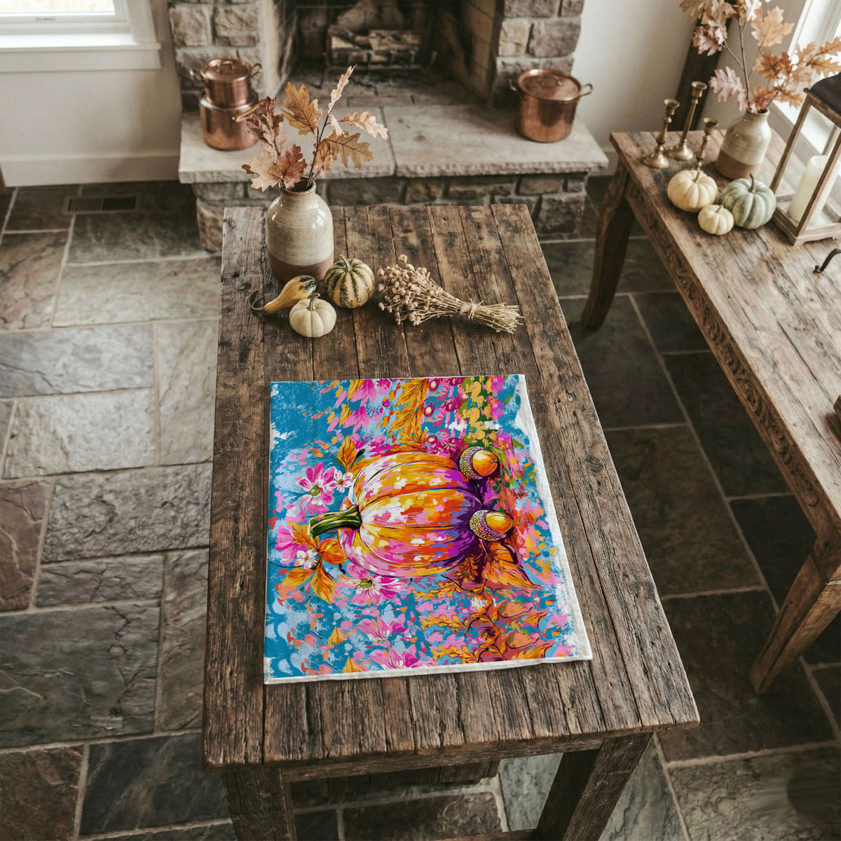 Colorful Watercolor Pumpkin Flour Sack Kitchen Towel