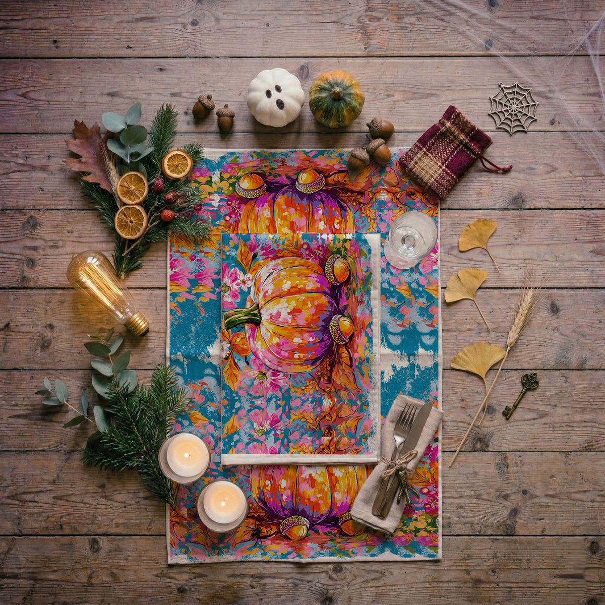 Colorful Watercolor Pumpkin Flour Sack Kitchen Towel