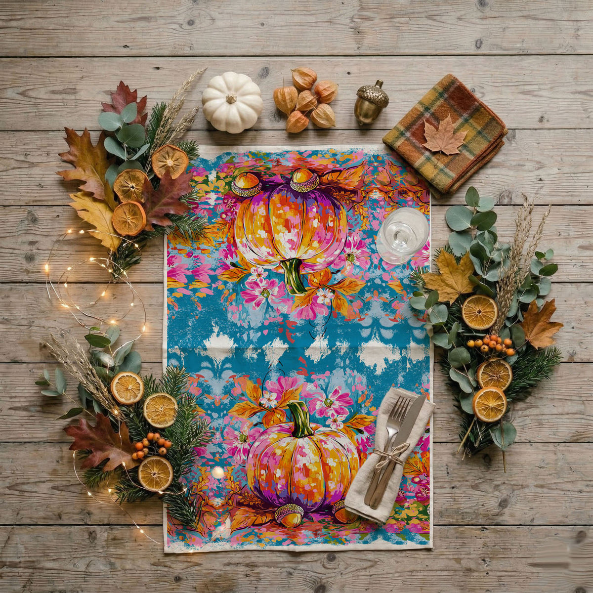 Colorful Watercolor Pumpkin Flour Sack Kitchen Towel