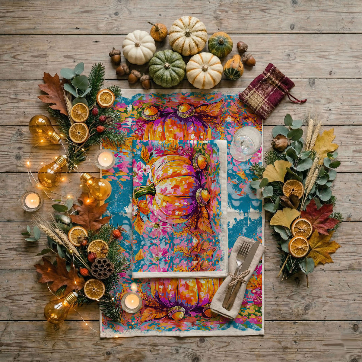Colorful Watercolor Pumpkin Flour Sack Kitchen Towel