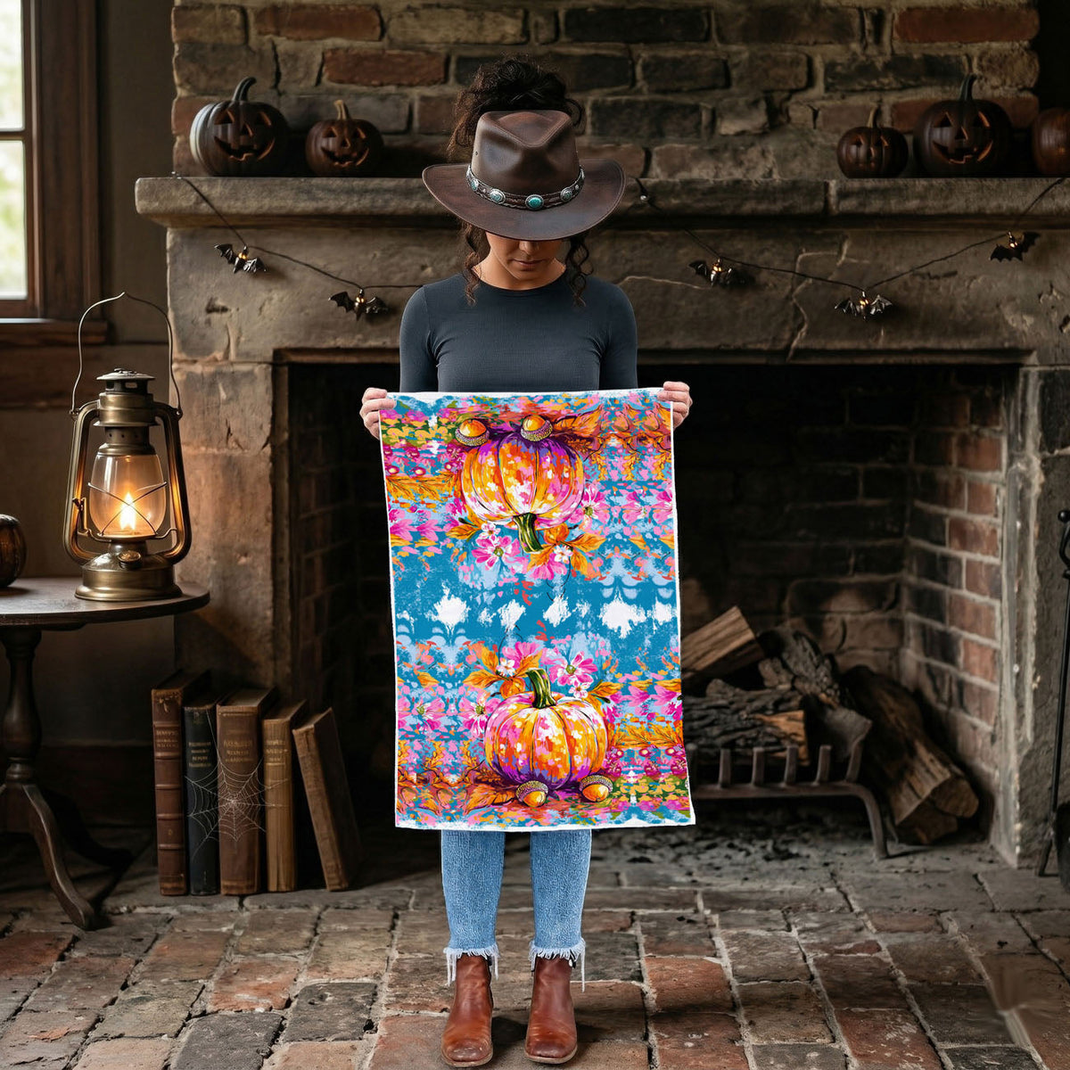 Colorful Watercolor Pumpkin Flour Sack Kitchen Towel