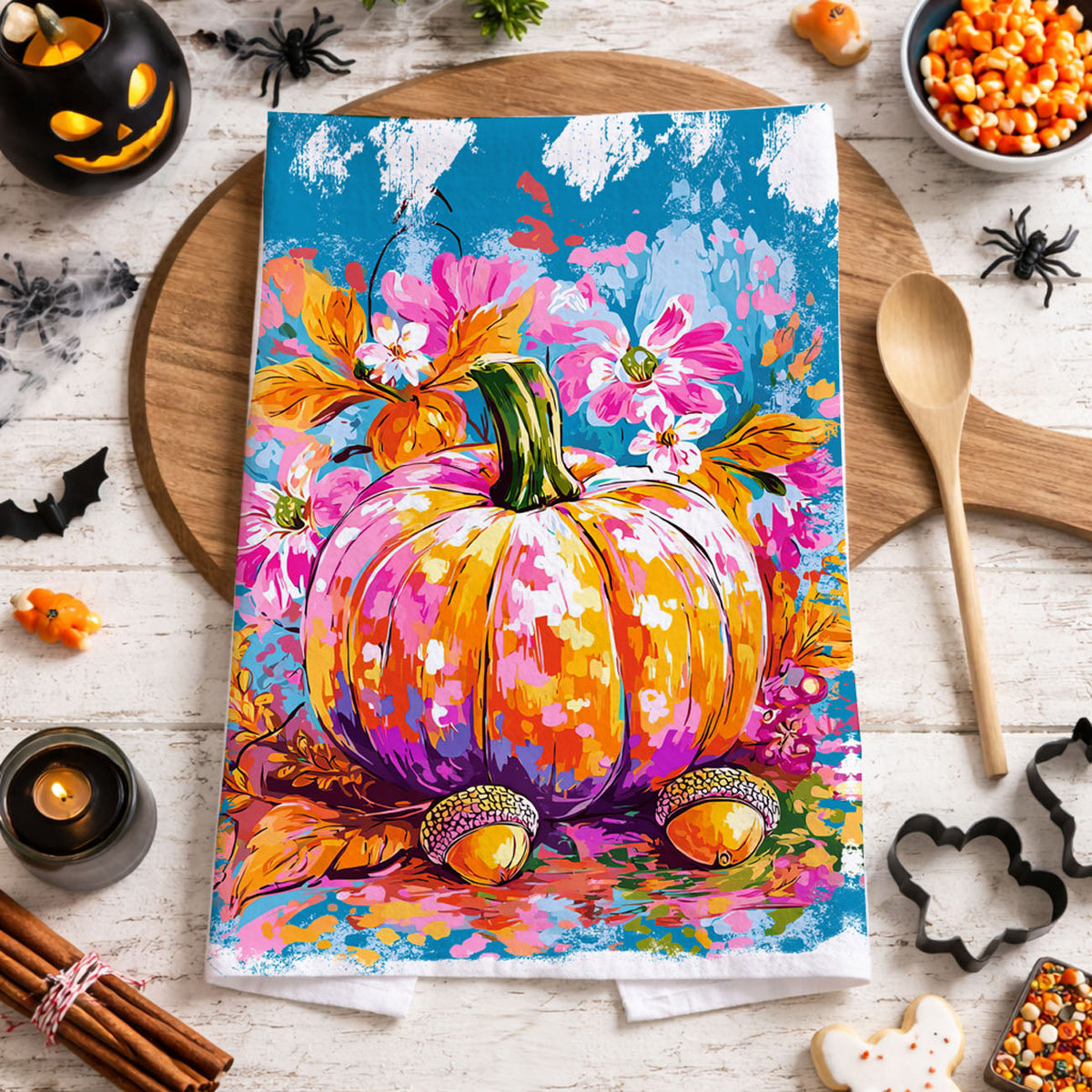 Colorful Watercolor Pumpkin Flour Sack Kitchen Towel